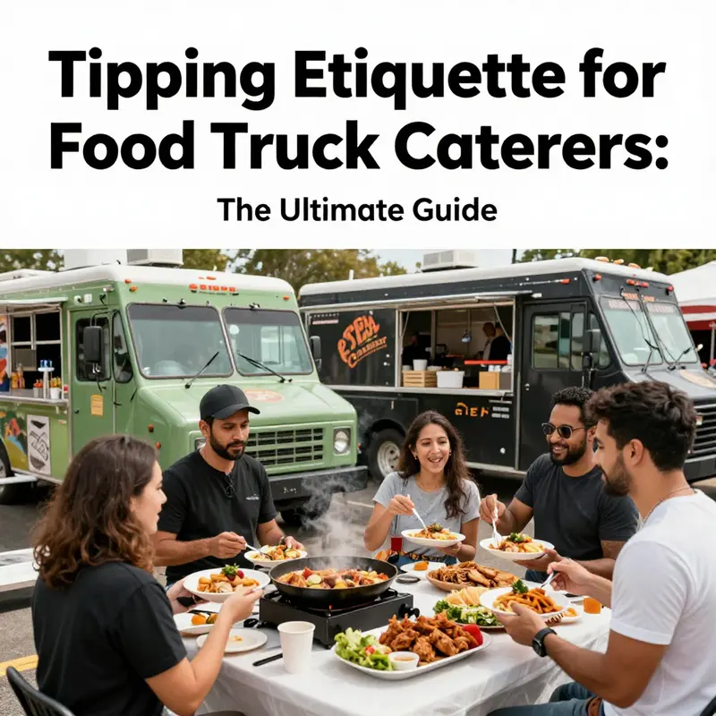 A collection of food trucks at a lively event with customers enjoying meals and staff serving food, representing the food truck culture.