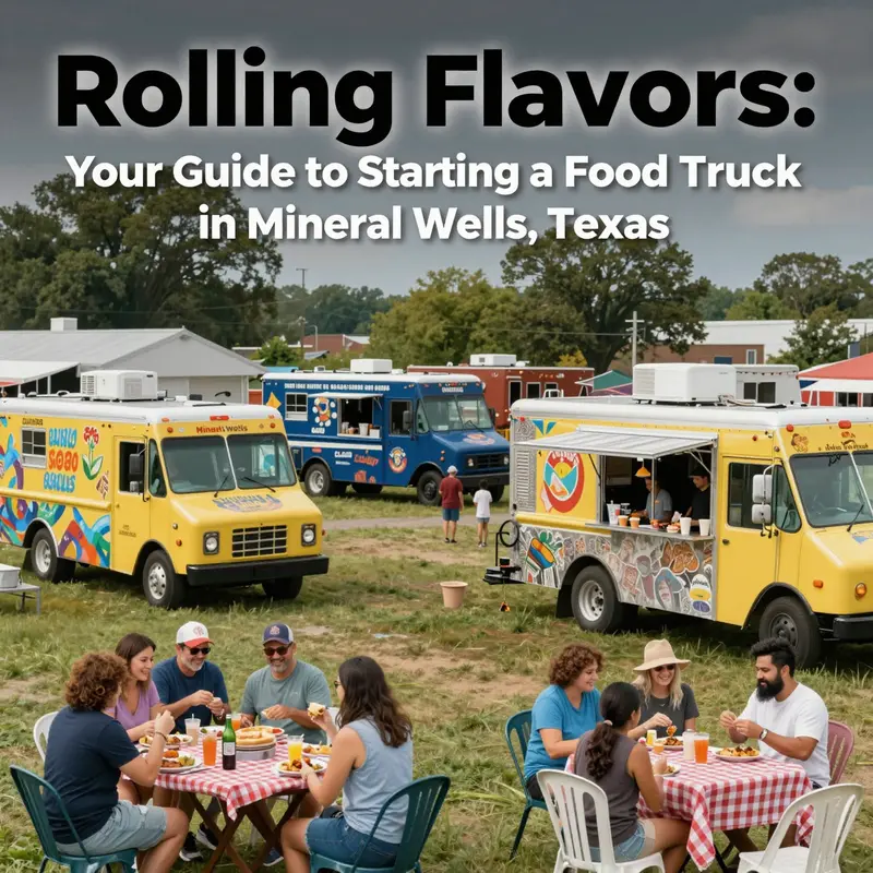 Diverse food trucks and cheerful patrons at a food truck rally in Mineral Wells.