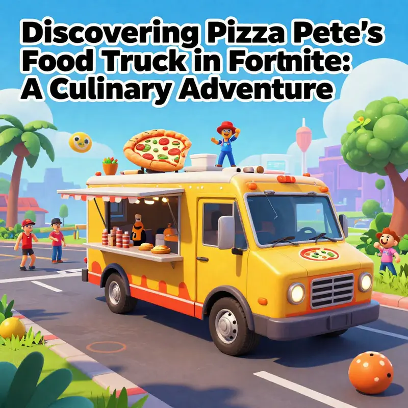 Colorful depiction of Pizza Pete’s Food Truck in Fortnite, showcasing players and game interactions.
