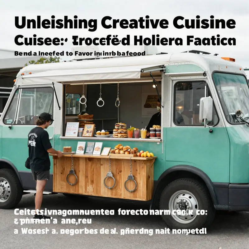 A vibrant food truck decorated with inventive handcuff designs that bring a unique theme to street cuisine.