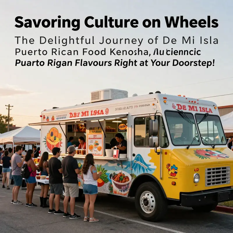 A lively scene of De Mi Isla food truck at a community gathering, filled with customers enjoying Puerto Rican cuisine.