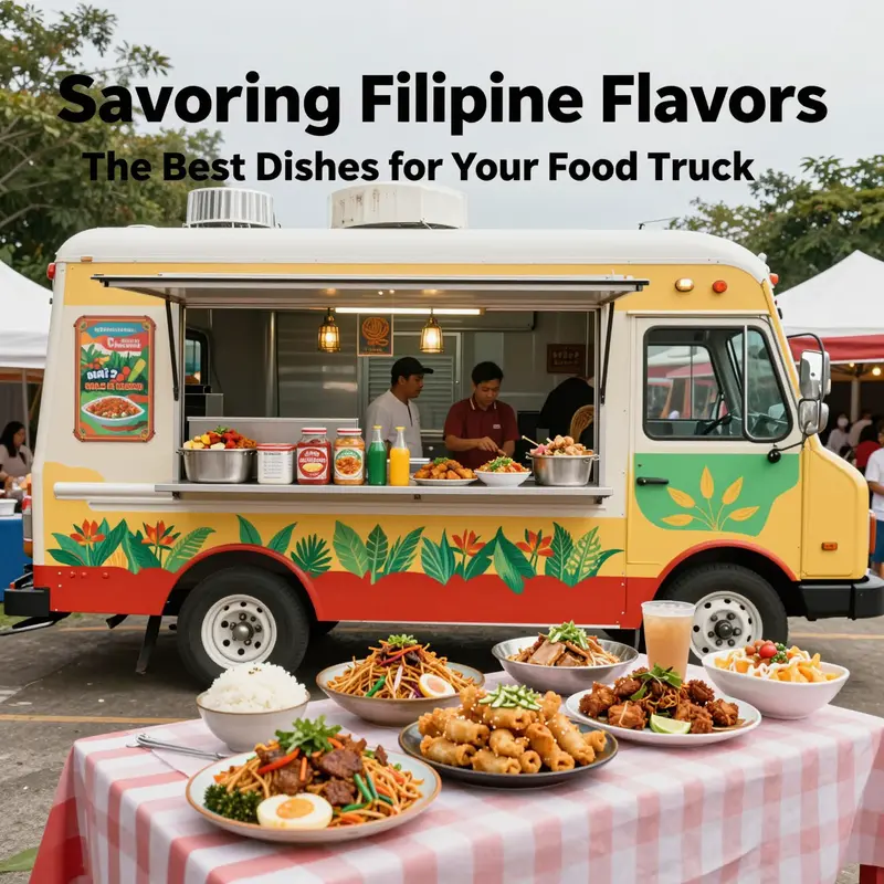 A vibrant scene featuring a Filipino food truck decorated with colorful designs, showcasing delicious traditional dishes.