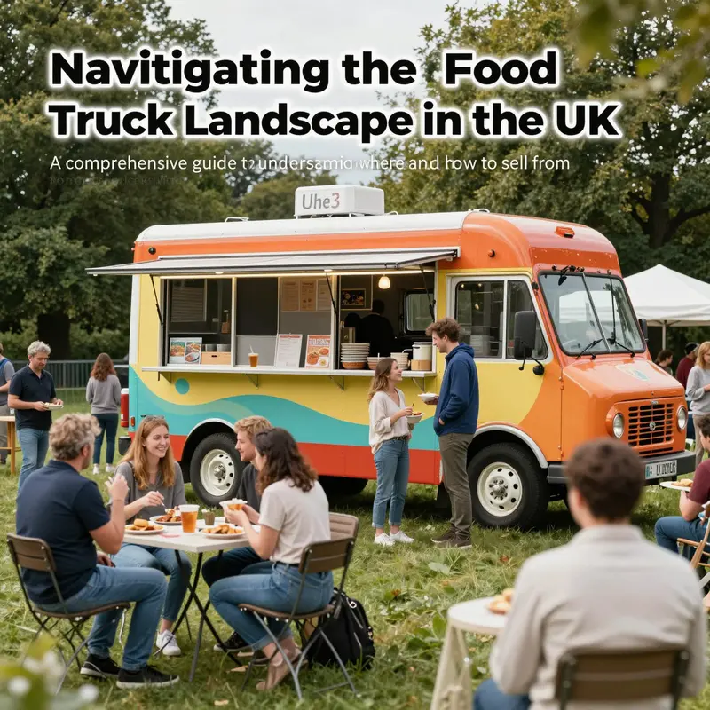 A colorful food truck serving a diverse crowd in an outdoor festival setting with people enjoying their meals.