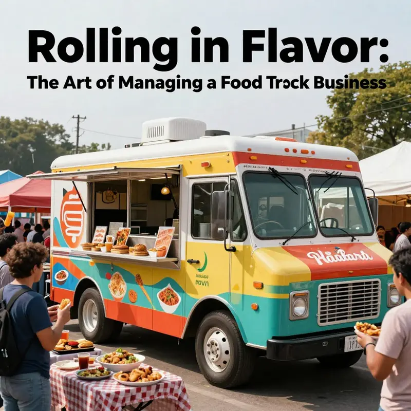 A food truck at a street fair with customers enjoying diverse dishes.