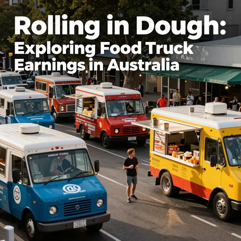 A colorful street scene of food trucks with people enjoying food under sunlight.