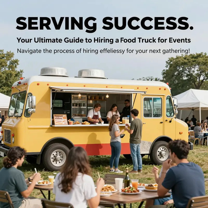 A bustling food truck scene with cheerful guests ordering food against a bright, sunny background.