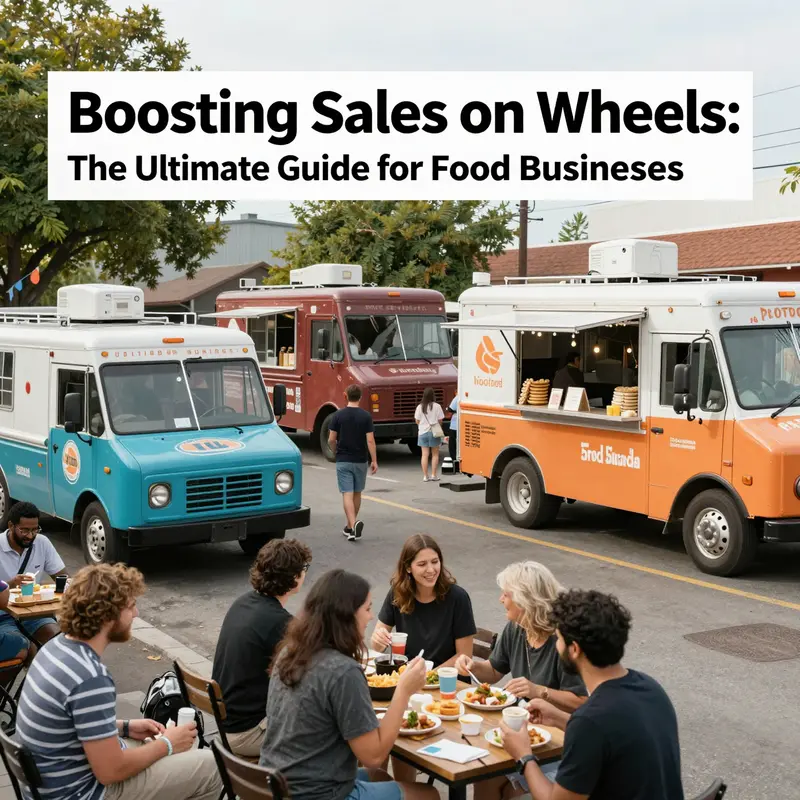 A colorful street filled with food trucks and satisfied customers enjoying their meals in a lively festival atmosphere.