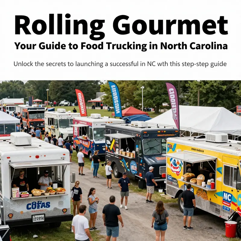 A lively food truck festival with people enjoying various food from multiple trucks in North Carolina.