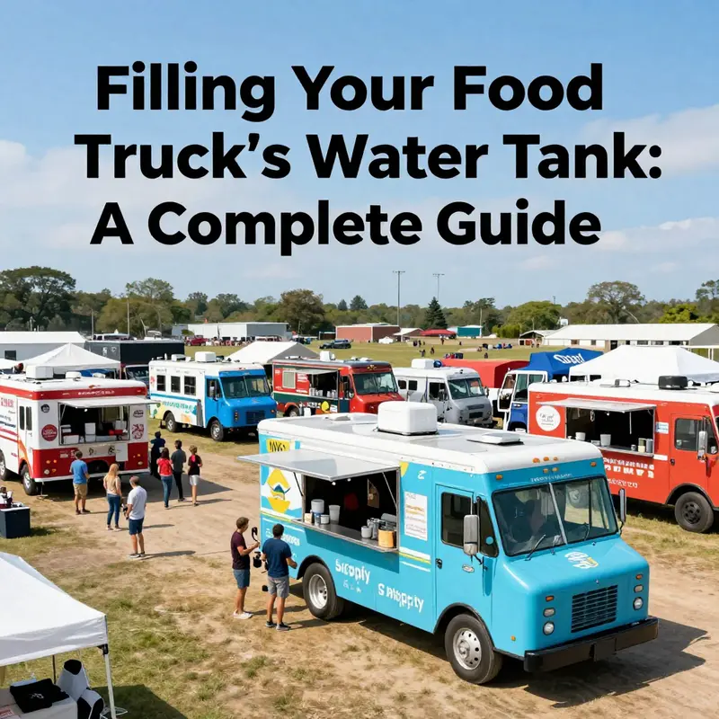 A vibrant food truck festival scene with multiple food trucks and customers enjoying meals.