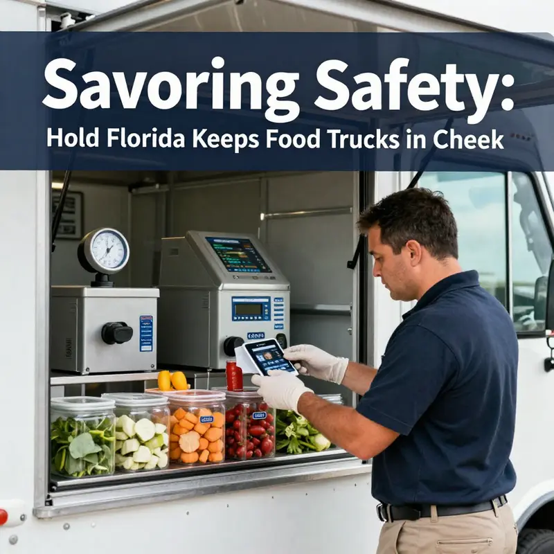 Inspectors ensuring food safety regulations at a vibrant Florida food truck.