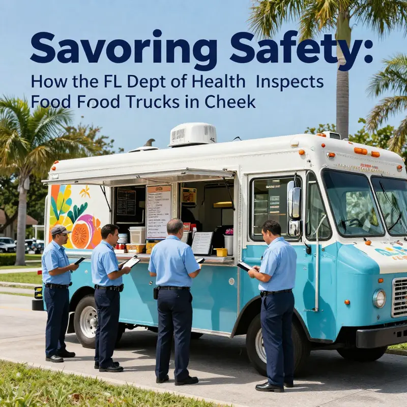 Inspectors ensuring food safety regulations at a vibrant Florida food truck.