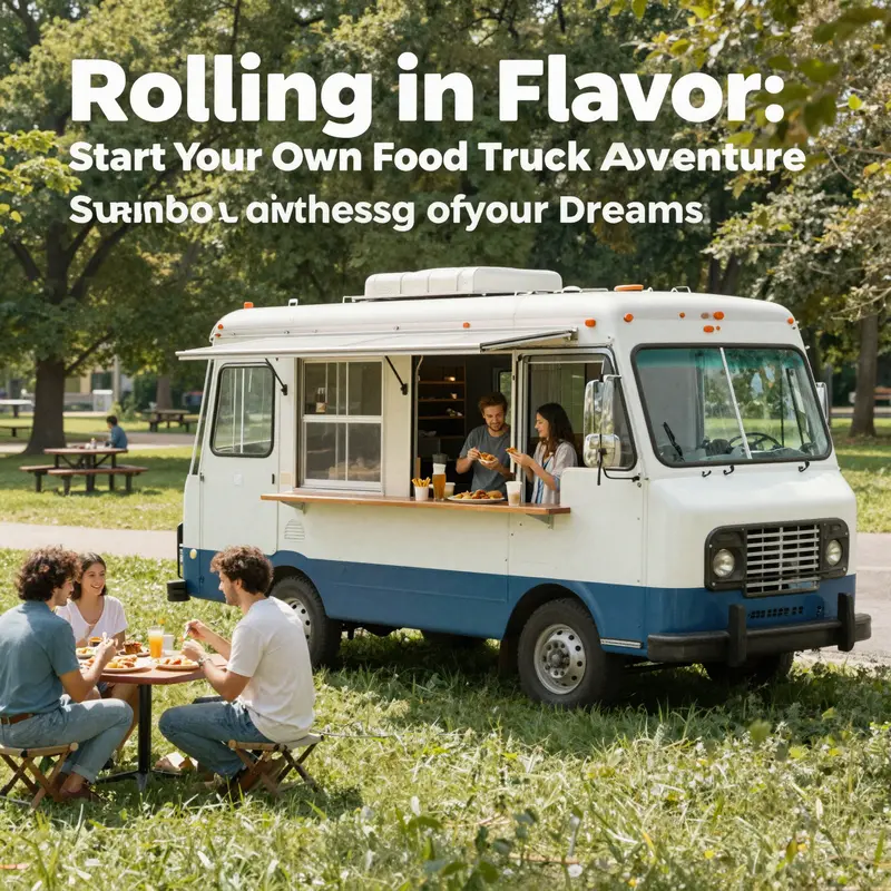 A colorful food truck in a park with customers enjoying tasty meals in a lively atmosphere.