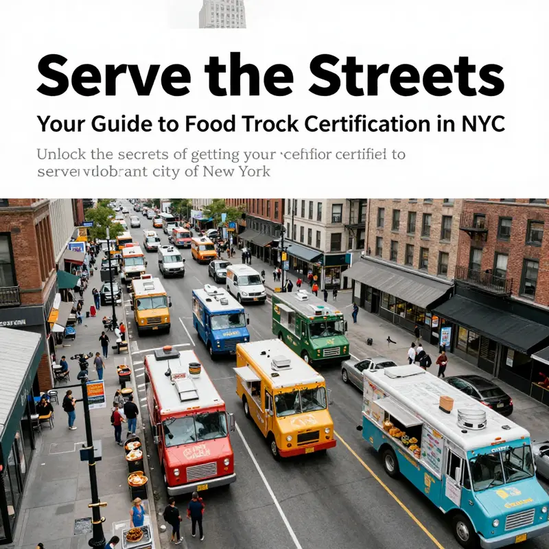 Aerial view of food trucks lined up on a busy New York City street.