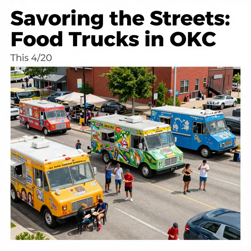 An aerial or panoramic view of Oklahoma City showing food trucks and lively city life representative of the food truck culture.