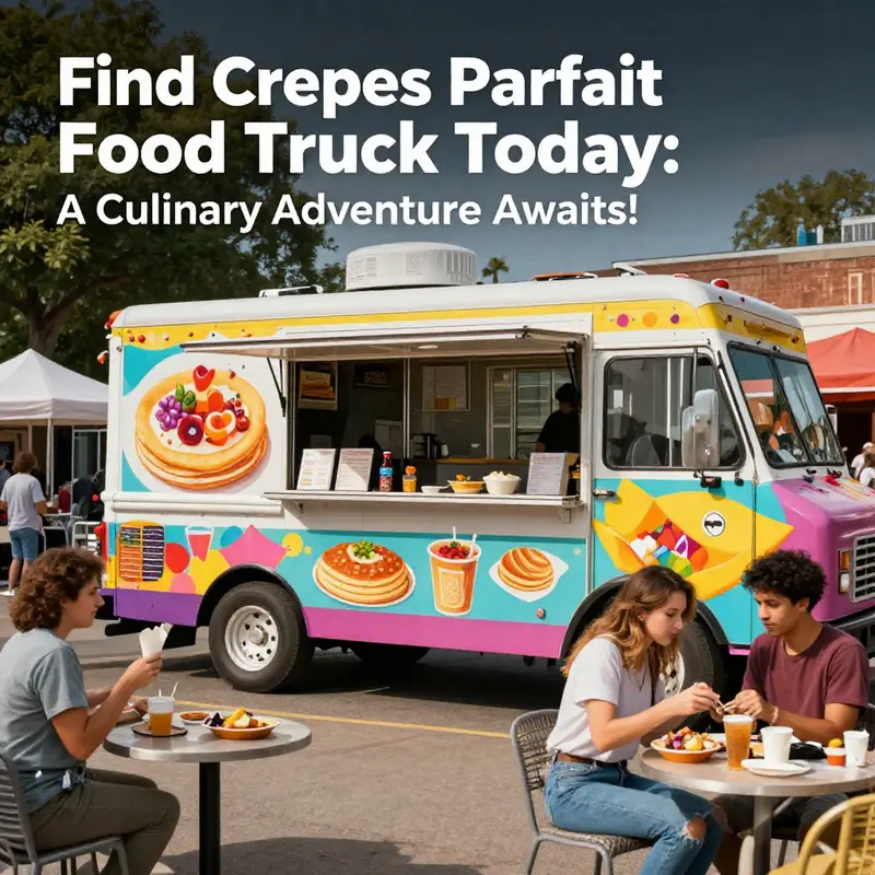 A lively scene showcasing Crepes Parfait food truck with customers enjoying food.