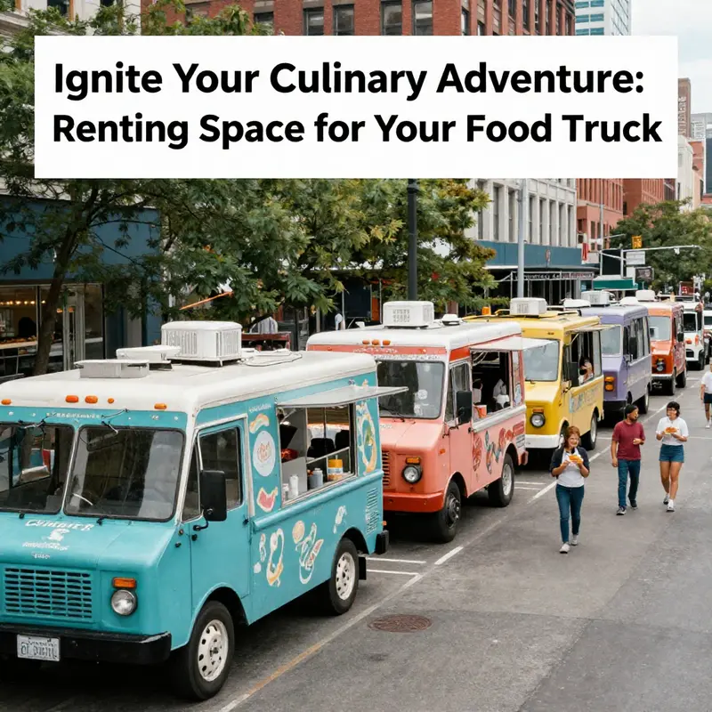 A lively urban hub where food trucks attract crowds, showcasing ideal rental locations.