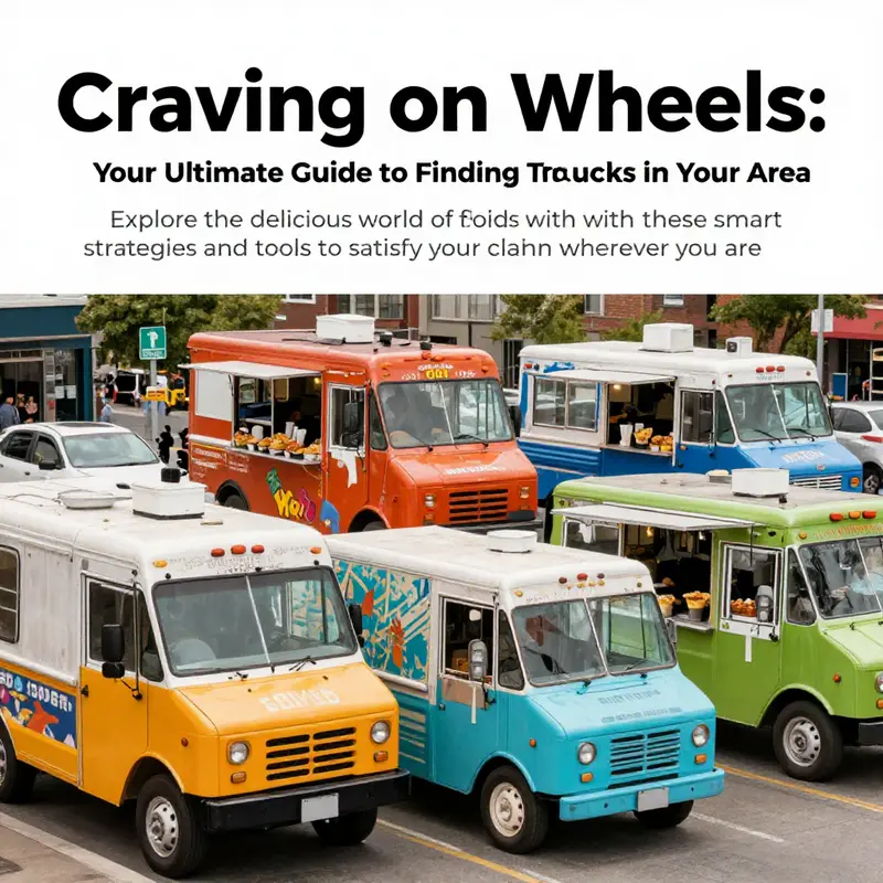 An assortment of colorful food trucks with people enjoying various street food dishes.