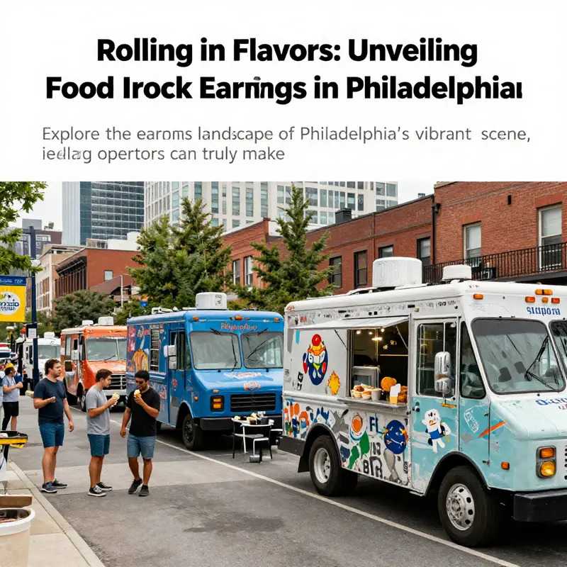 A scenic depiction of Philadelphia featuring various food trucks and a bustling crowd enjoying street food.