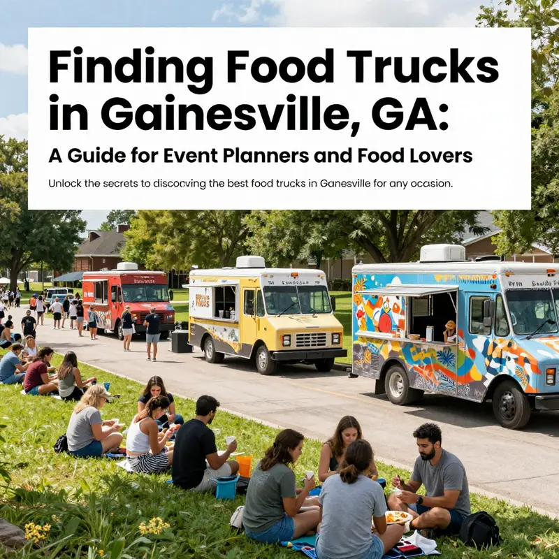 A lively outdoor scene in Gainesville, GA, with various food trucks and people enjoying meals in a beautiful park.