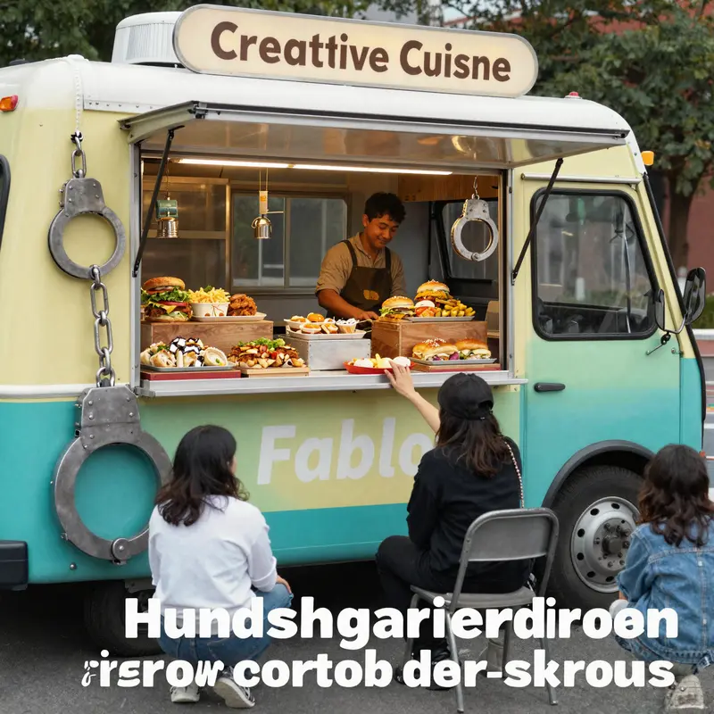 A lively food truck with themed decorations inspired by handcuffs, attracting a crowd with delicious offerings and vibrant visuals.