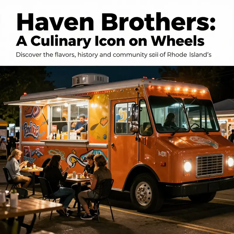 The Haven Brothers food truck at night filled with happy customers, showcasing a lively atmosphere.