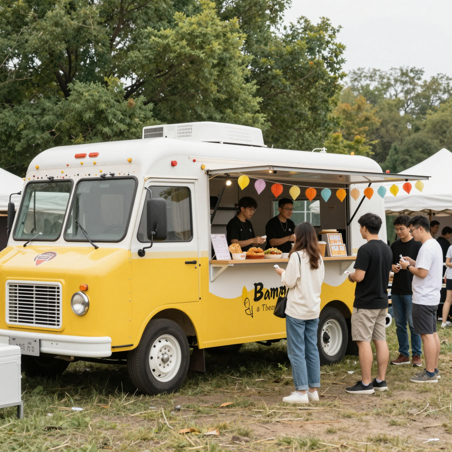 A vibrant custom food truck parked at a local festival with an engaging atmosphere.