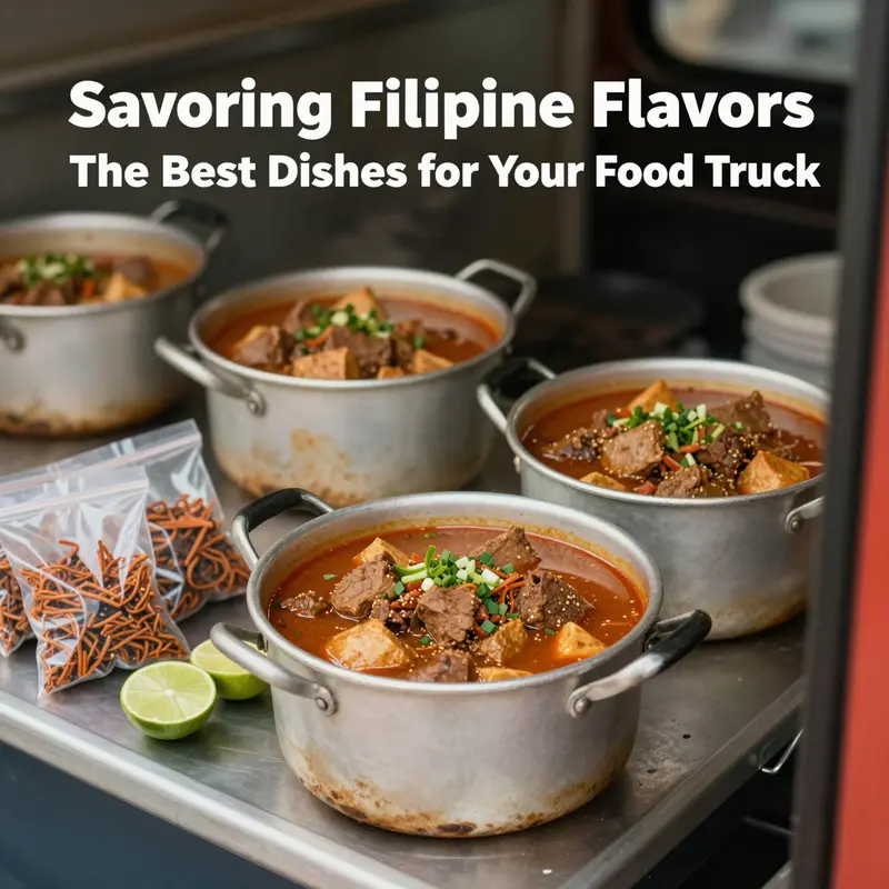 Grilled skewers of adobo-marinated chicken and pork, served in a food truck setting.