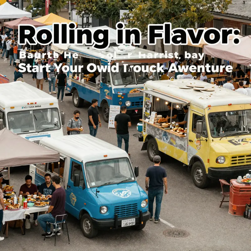 Vibrant outdoor market bustling with food trucks and enthusiastic customers.