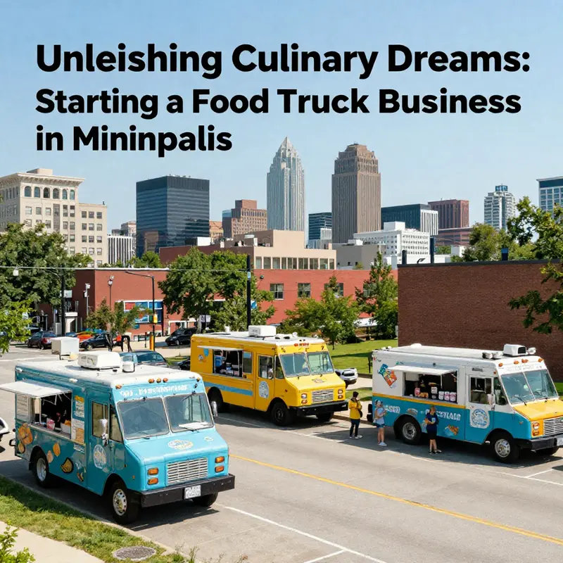A lively scene of downtown Minneapolis with colorful food trucks and people dining outside, capturing the essence of the food truck culture.