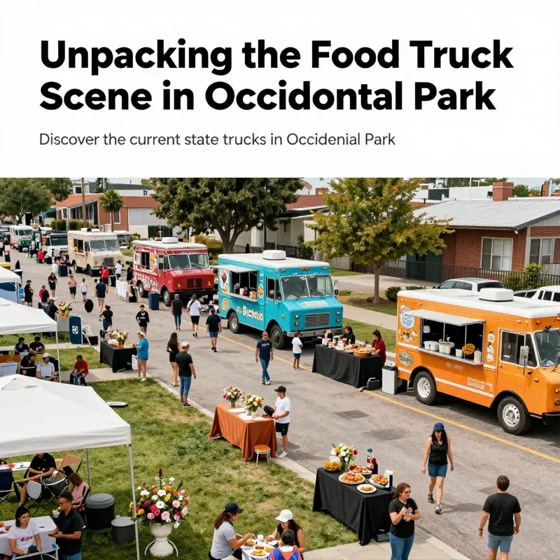 Busy food truck scene at Occidental Park, showcasing diverse cuisine and joyful patrons.