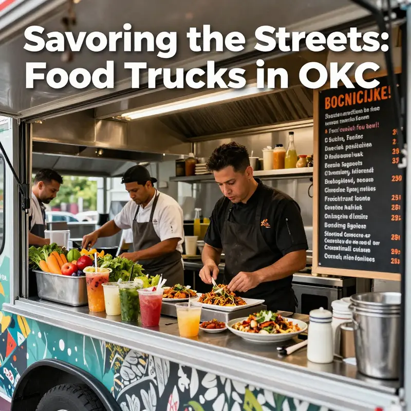 Food trucks lining the streets of OKC, creating a vibrant atmosphere for street food lovers.