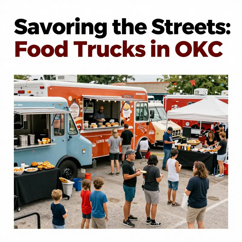 Food trucks lining the streets of OKC, creating a vibrant atmosphere for street food lovers.