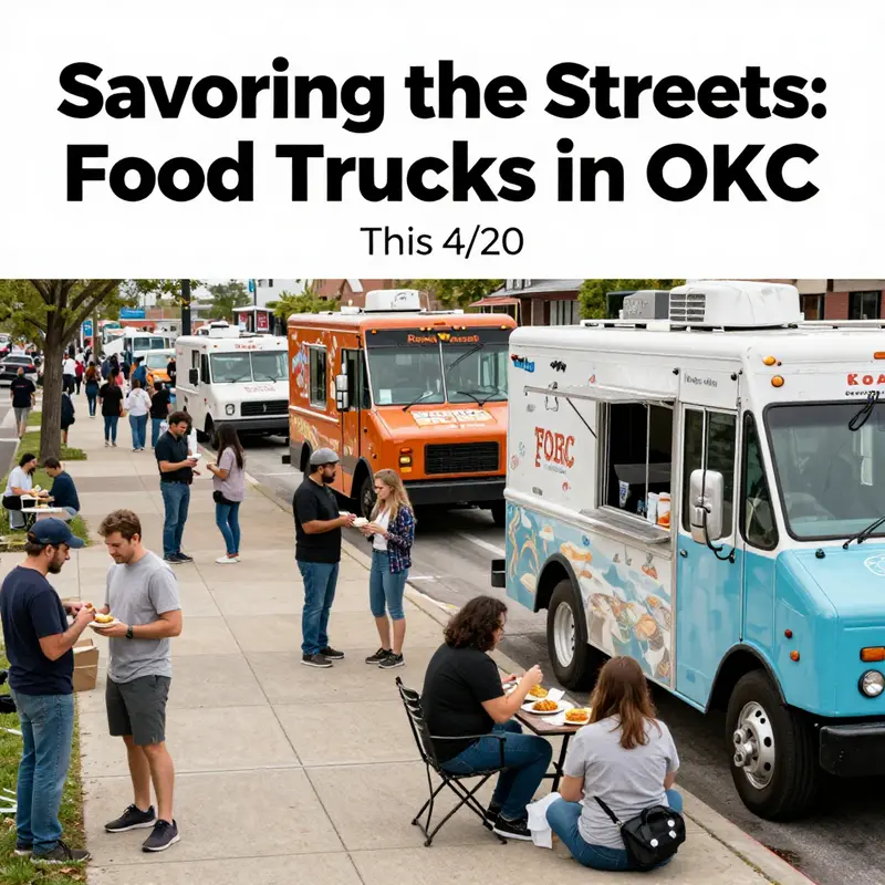 Food trucks lining the streets of OKC, creating a vibrant atmosphere for street food lovers.