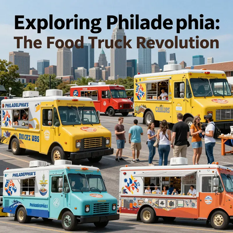 A colorful collage of Philadelphia food trucks, depicting various cuisines and happy customers in the city's lively environment.