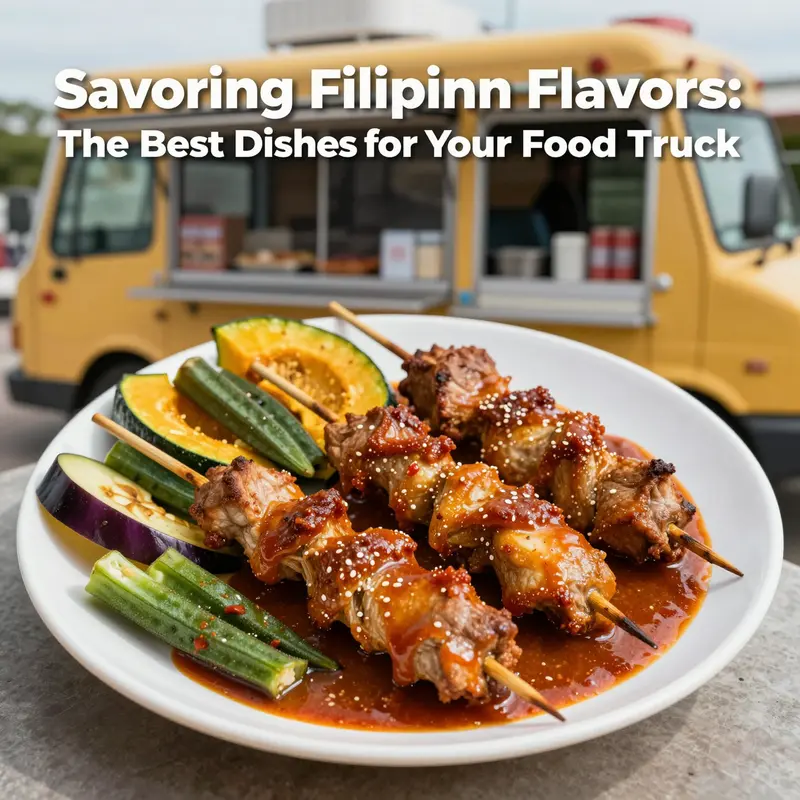 Grilled skewers of adobo-marinated chicken and pork, served in a food truck setting.