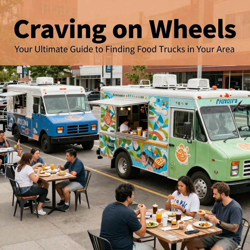 A dynamic interface of a food truck finder app displaying nearby food trucks.