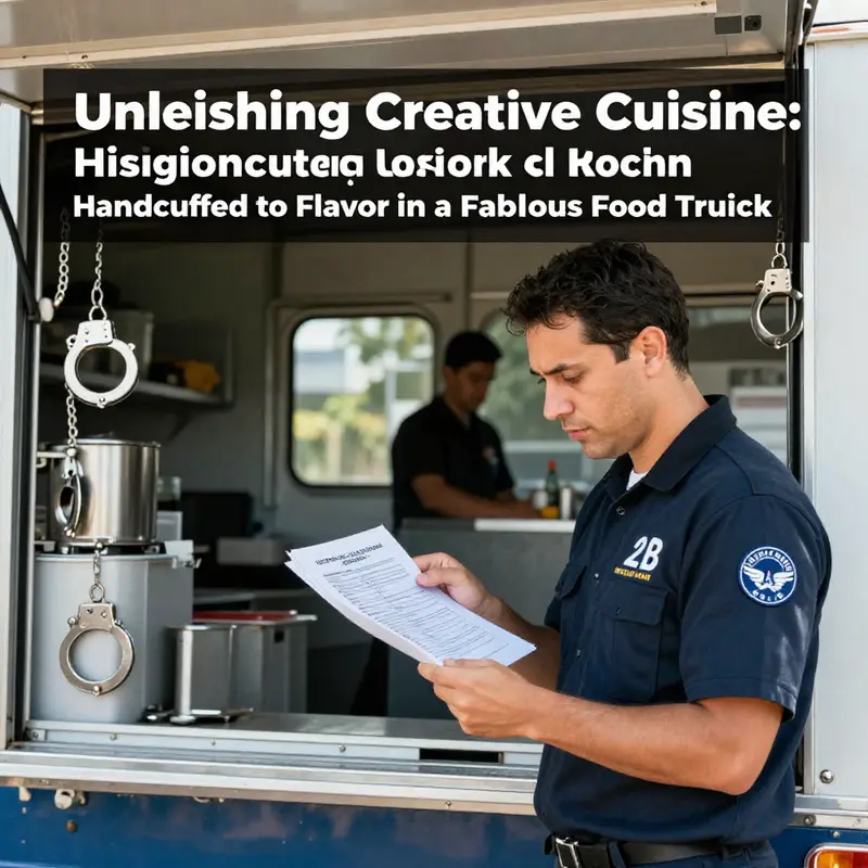 A vibrant food truck decorated with inventive handcuff designs that bring a unique theme to street cuisine.