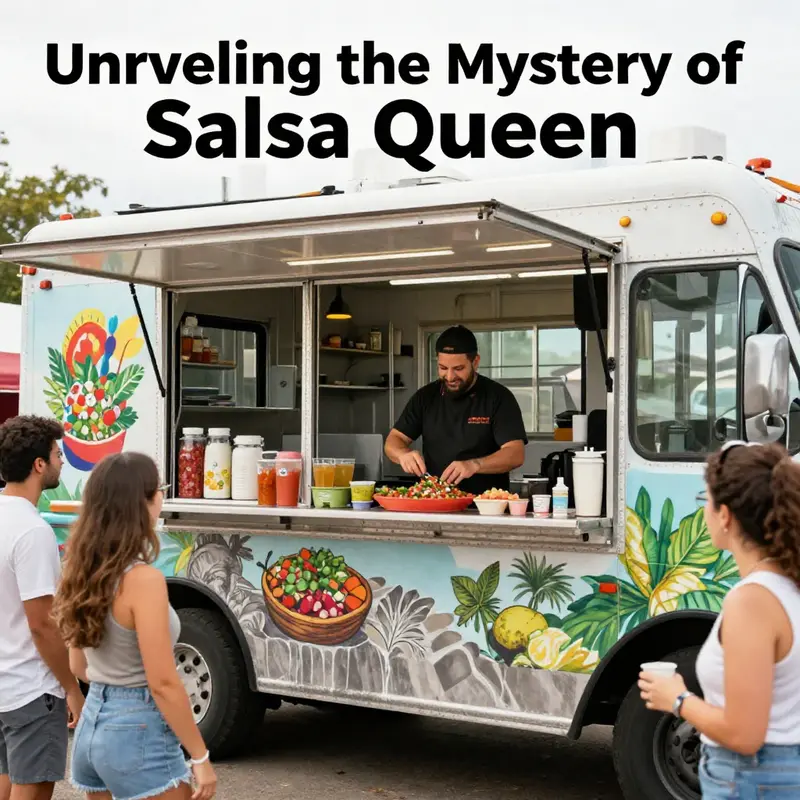 A vibrant food truck in Austin with chefs making fresh salsa, surrounded by happy festival-goers enjoying the food.