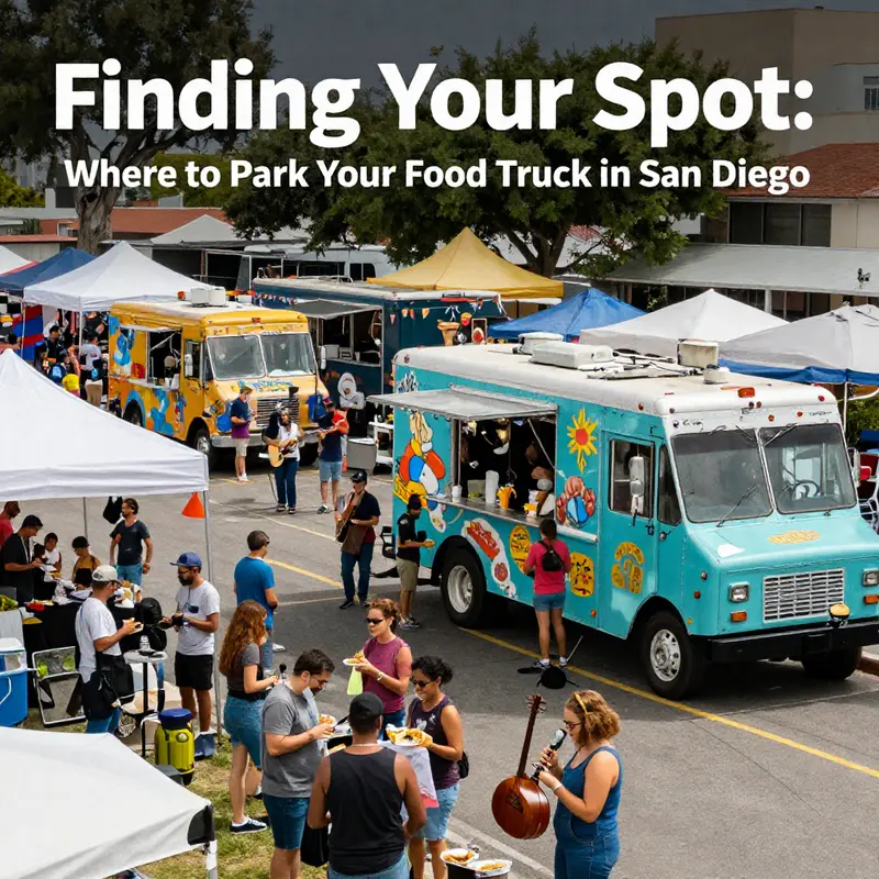 The vibrant scene at a popular food truck park in San Diego, showcasing diverse cuisines and happy customers.