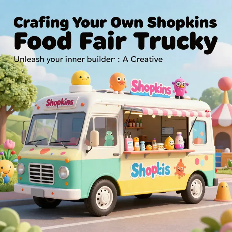 A vividly designed Shopkins Food Fair Truck surrounded by Shopkins characters in a lively environment.