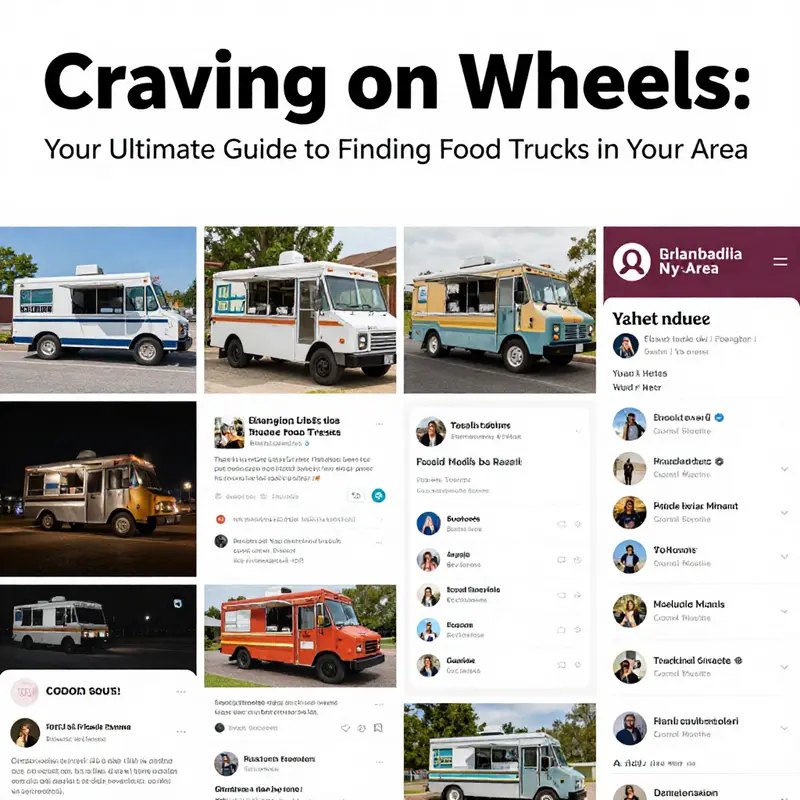 A dynamic interface of a food truck finder app displaying nearby food trucks.