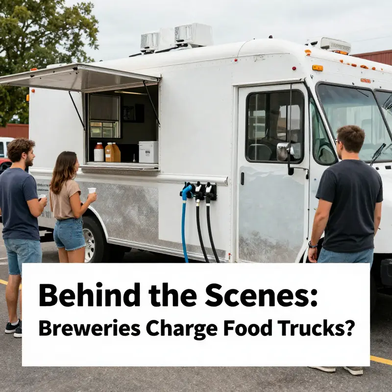 A bustling brewery event highlighting the partnership between food trucks and craft brewing.