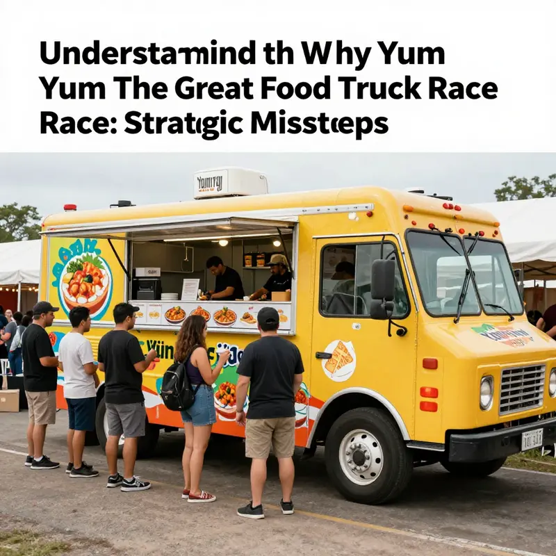 The vibrant yet tumultuous scene at a local festival showcasing Team Yum Yum’s food truck and their strategic challenges.
