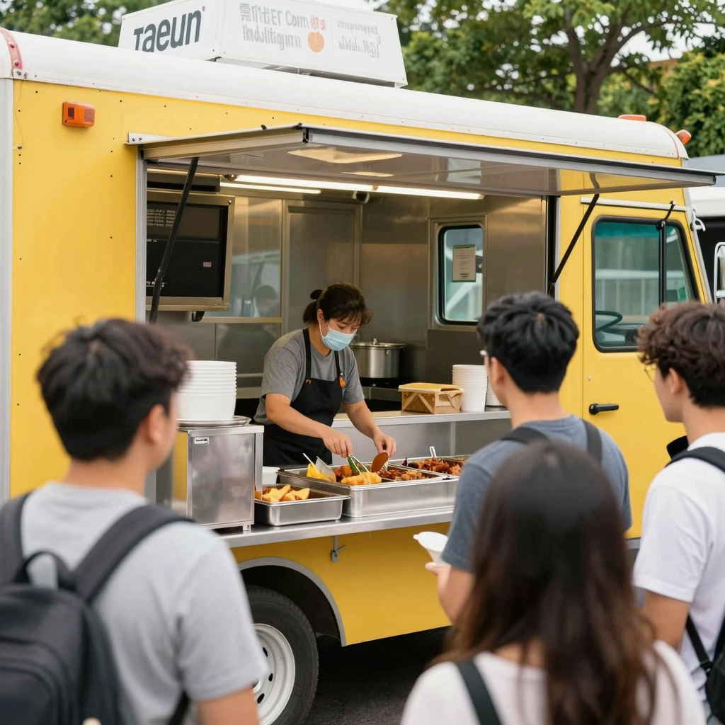 A vibrant food truck scene featuring a deep fryer setup. The image showcases a lively atmosphere with workers preparing delicious food in front of an eager crowd.