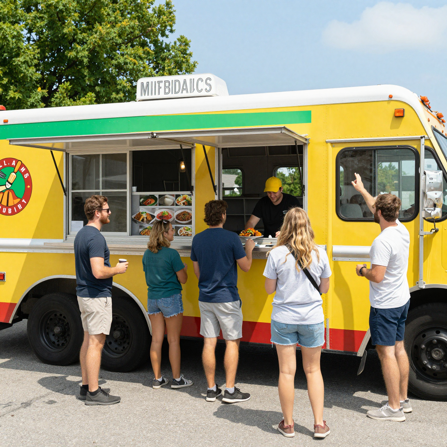 A vibrant food truck scene in Ohio, showing happy customers enjoying local cuisine on a sunny day