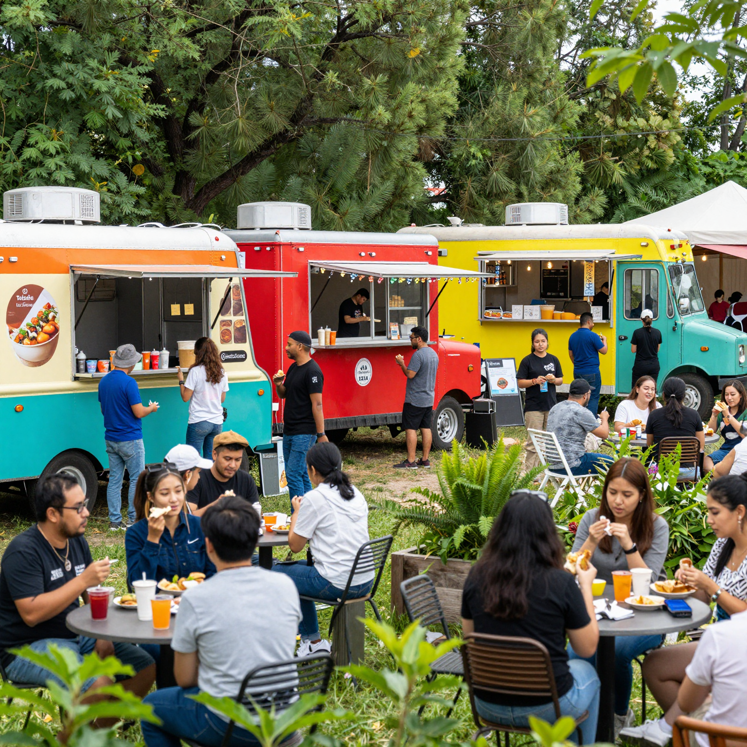 A vibrant and lively food truck event, featuring various colorful food trucks serving a diverse range of culinary delights. People of different ages and backgrounds are enjoying their food, chatting, and socializing in a festive atmosphere. The scene includes outdoor seating, greenery, and decorations that enhance the energetic vibe of the event.
