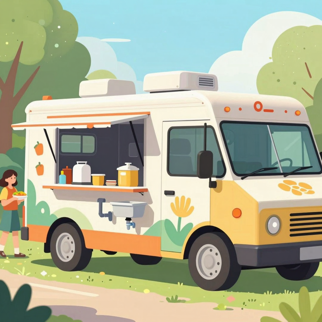 Cheerful illustration of a food truck showcasing plumbing features
