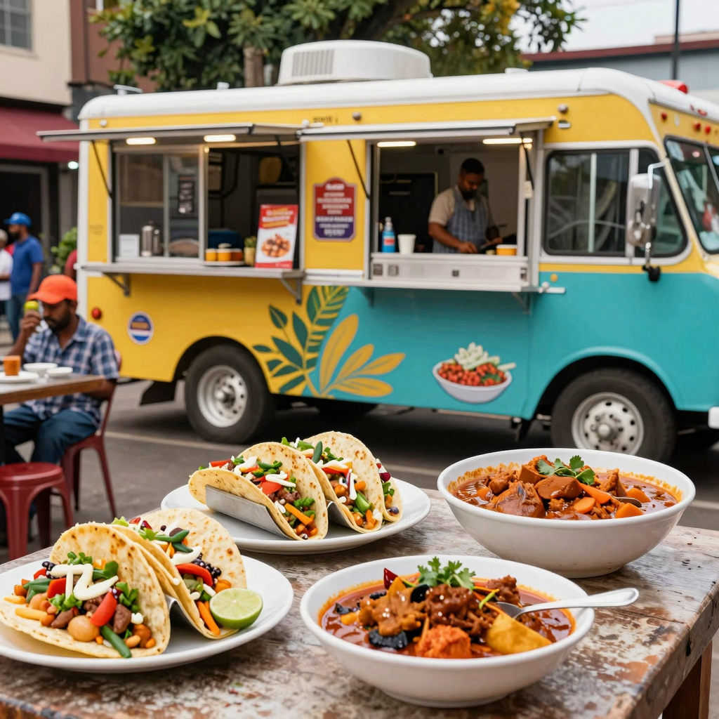 A vibrant food truck scene showcasing different food trucks representing various local cuisines and cultures.