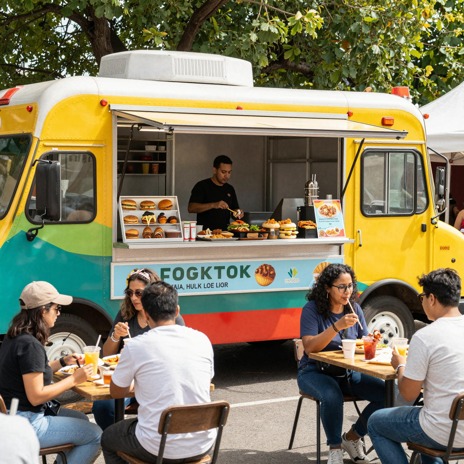 Colorful food truck at a busy street fair with people enjoying food