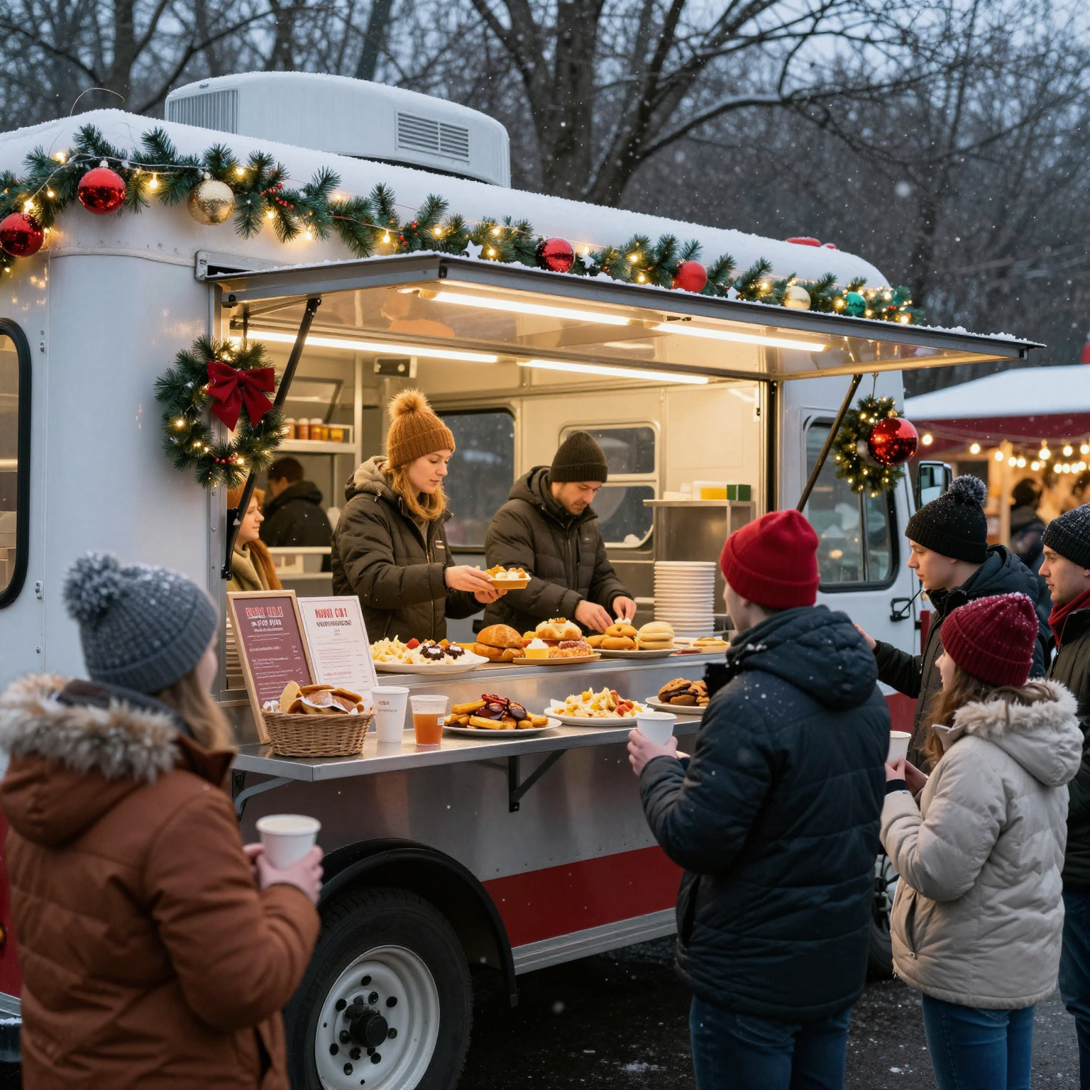 Festive food truck in a holiday setting